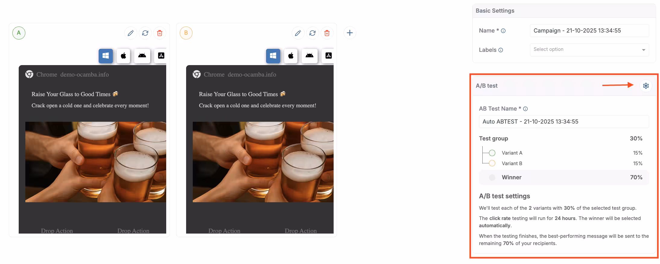 A/B Testing Settings