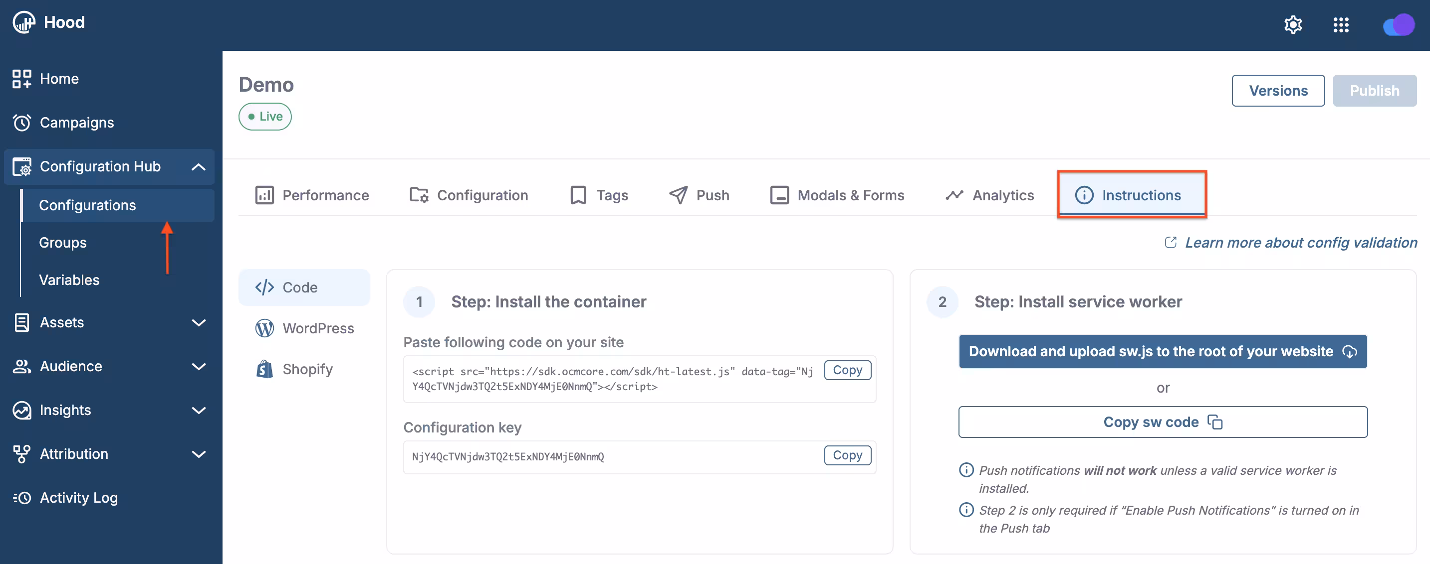 Instructions tab — container and service worker