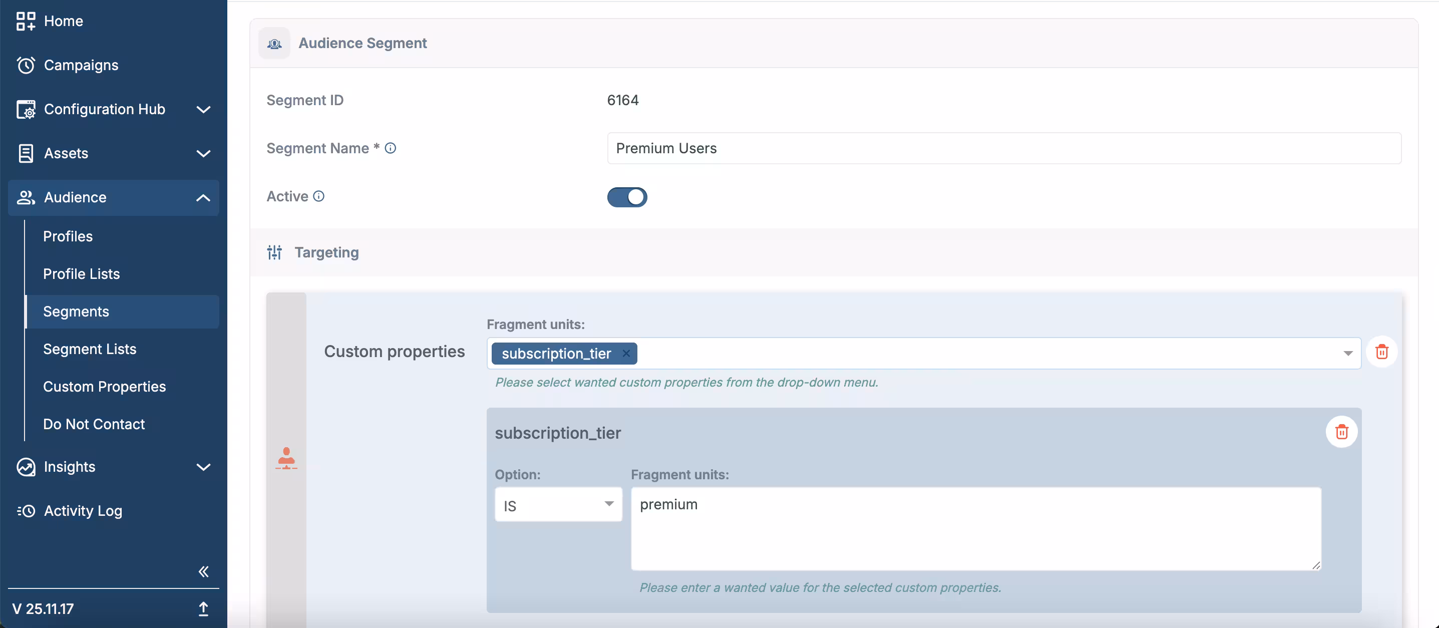 Subscription-based targeting segment setup