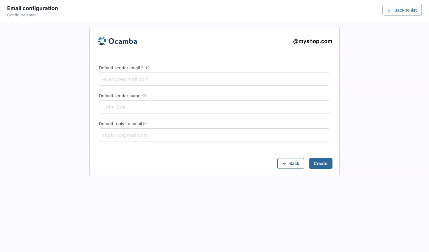 Ocamba sender details fields