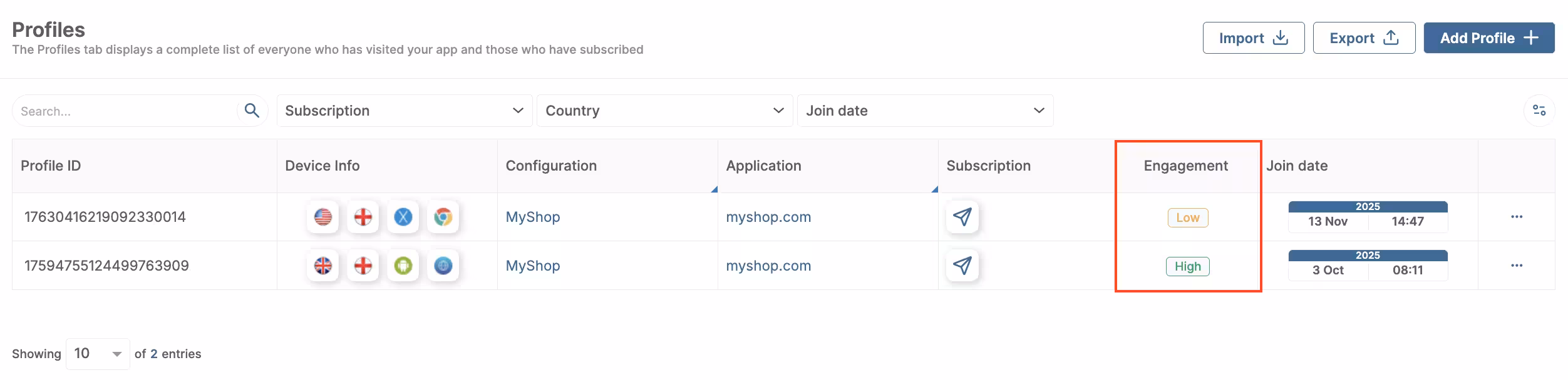 Profiles Engagement Column